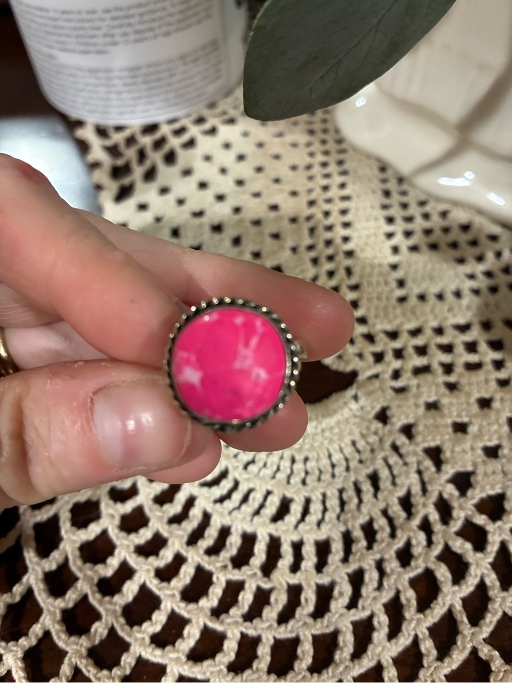 Handcrafted Pink Stone Silver-Tone Ring